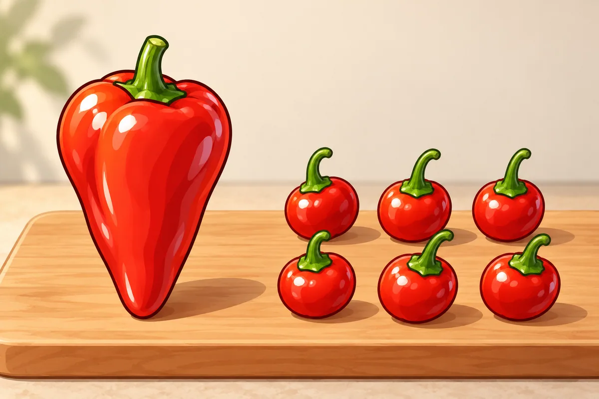 A large red heart-shaped pimento beside six small round red cherry peppers in two rows of three on a cutting board.