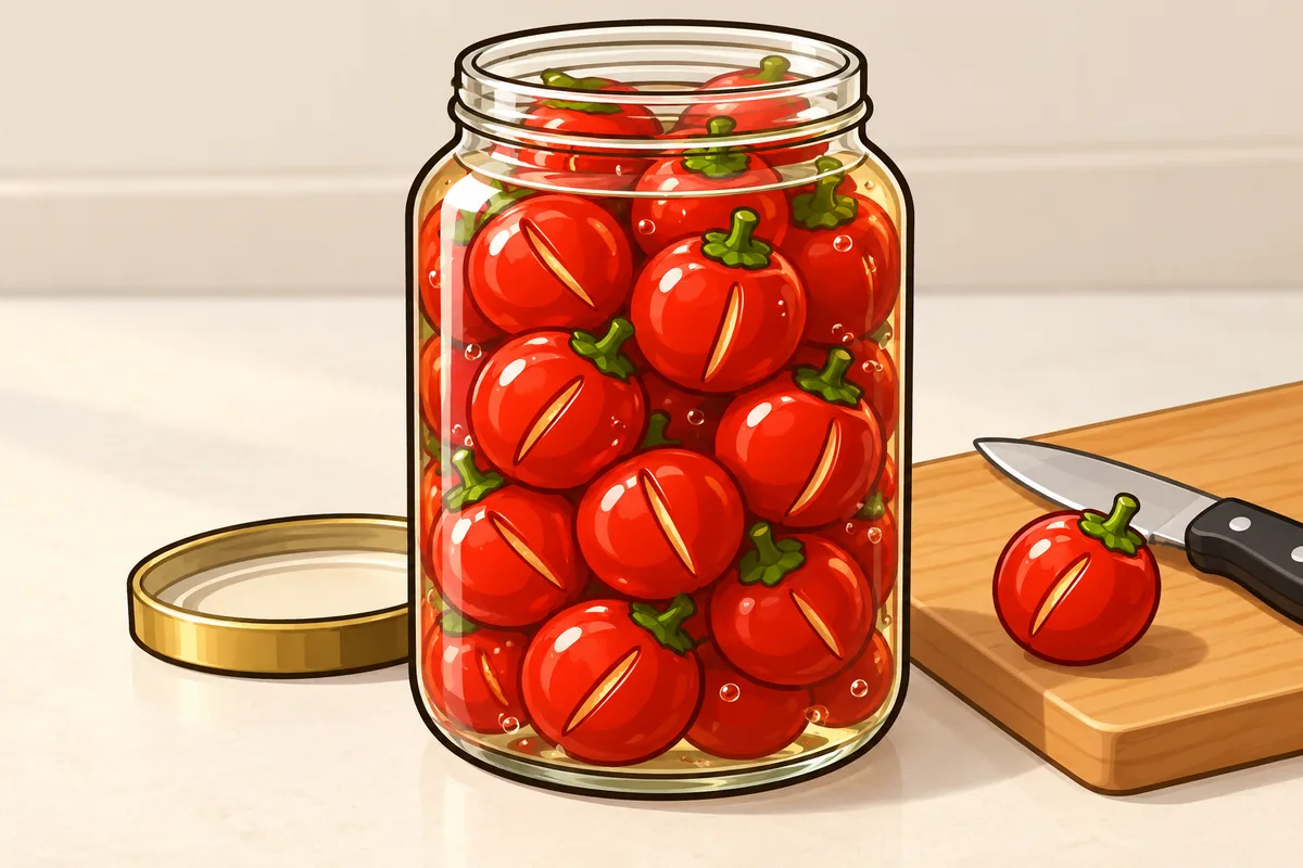 A clear glass jar of whole red cherry peppers, each with a small slit, covered in clear brine, with a knife and one slit pepper on a board beside it.
