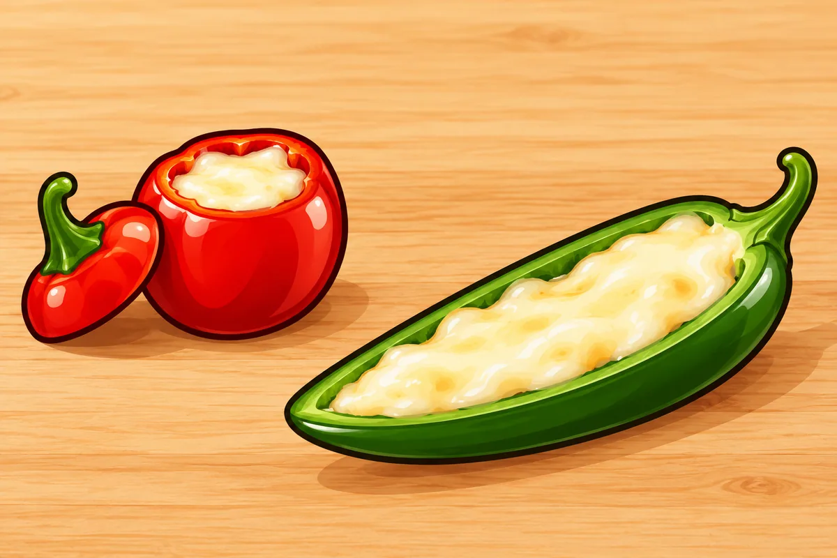 A lengthwise-split green jalapeño half filled with melted cheese like a boat, beside a round red cherry pepper with its top cut off and cheese showing inside.