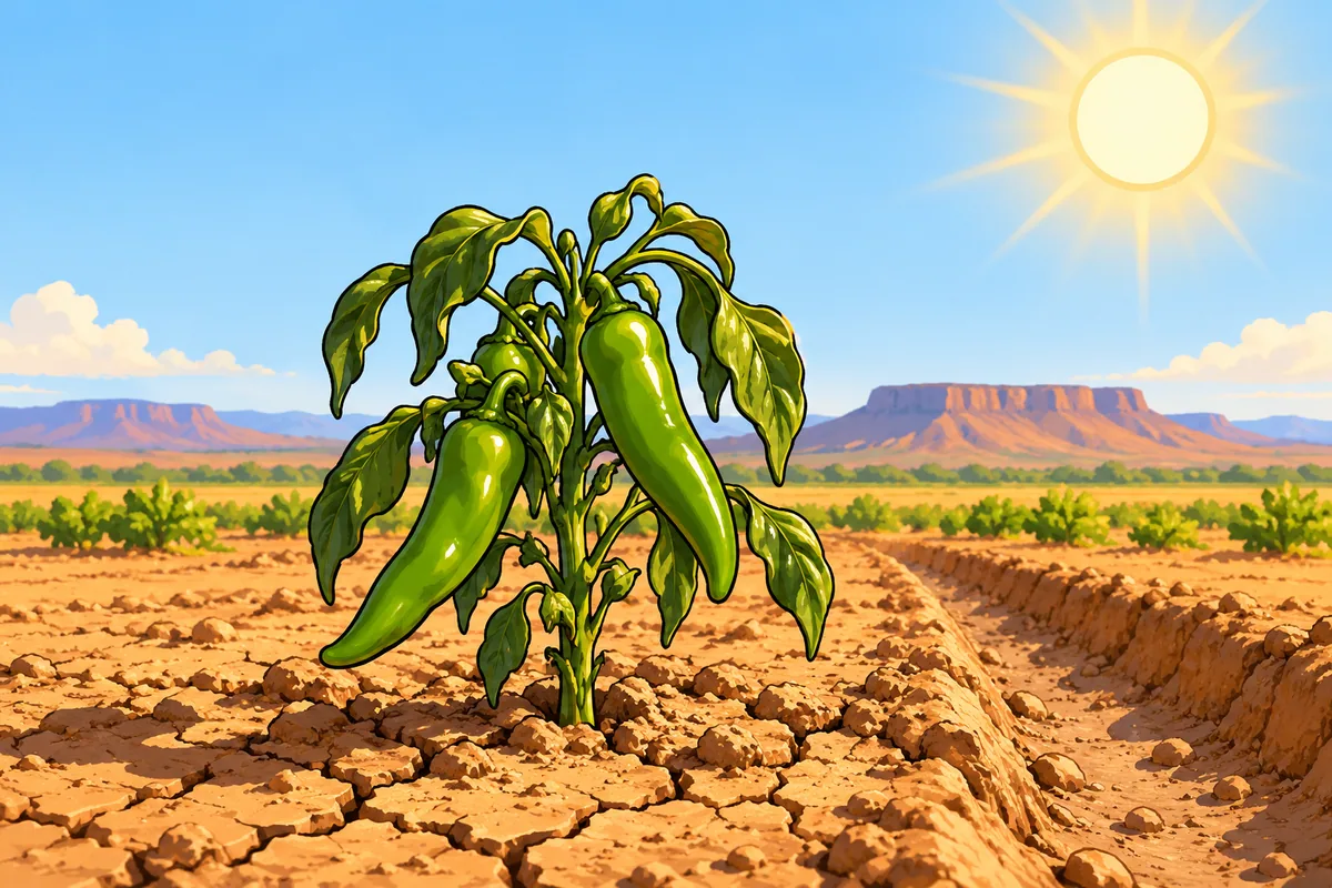 A chile plant with long green pods and drooping leaves in dry cracked soil under a hot sun, with an empty irrigation furrow beside it.