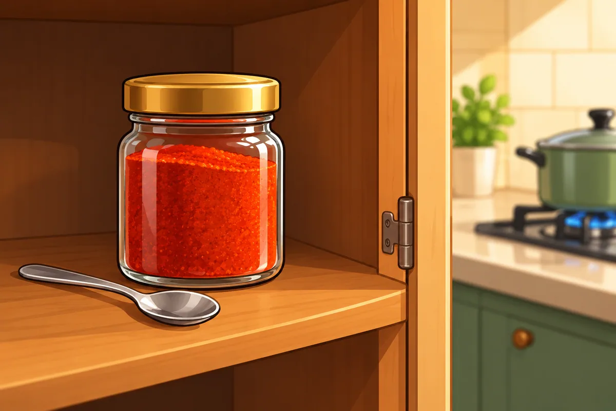 A sealed glass jar of red chili powder on a cupboard shelf next to a clean dry spoon, with a pot on a stove far off beyond the cupboard door.