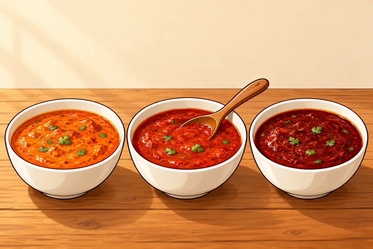 Three white bowls of curry in a row, in pale orange-red, medium red and deep dark red.