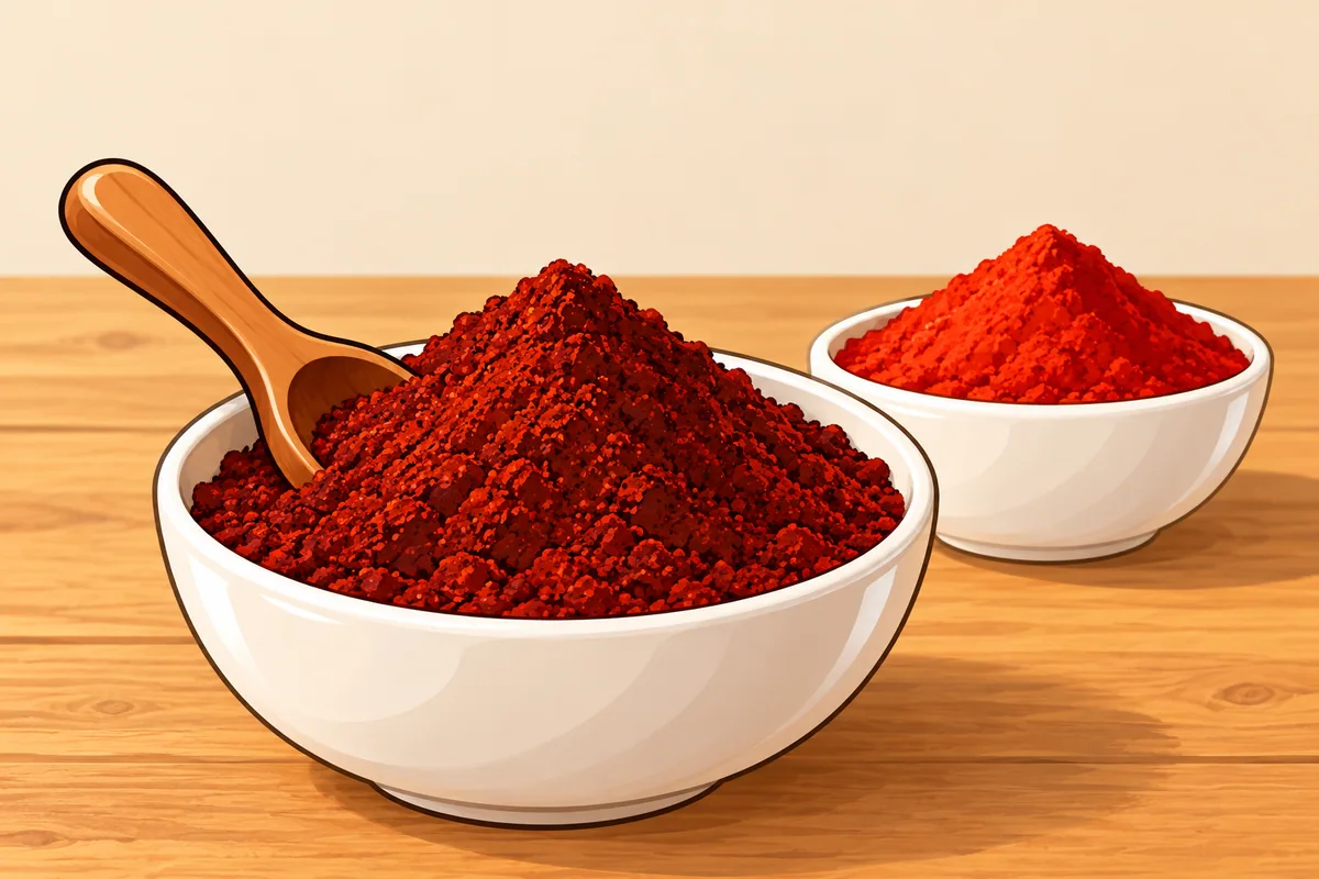 Two white bowls of chili powder on a wooden table: a big bowl of deep red-brown powder with a wooden scoop in front, and a smaller bowl of bright red powder behind it.