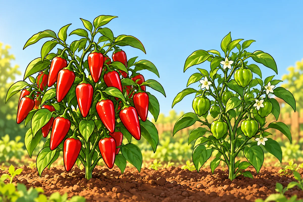 Two chile plants in a garden bed: one hung with red Fresno pods and one with small green habaneros still ripening.