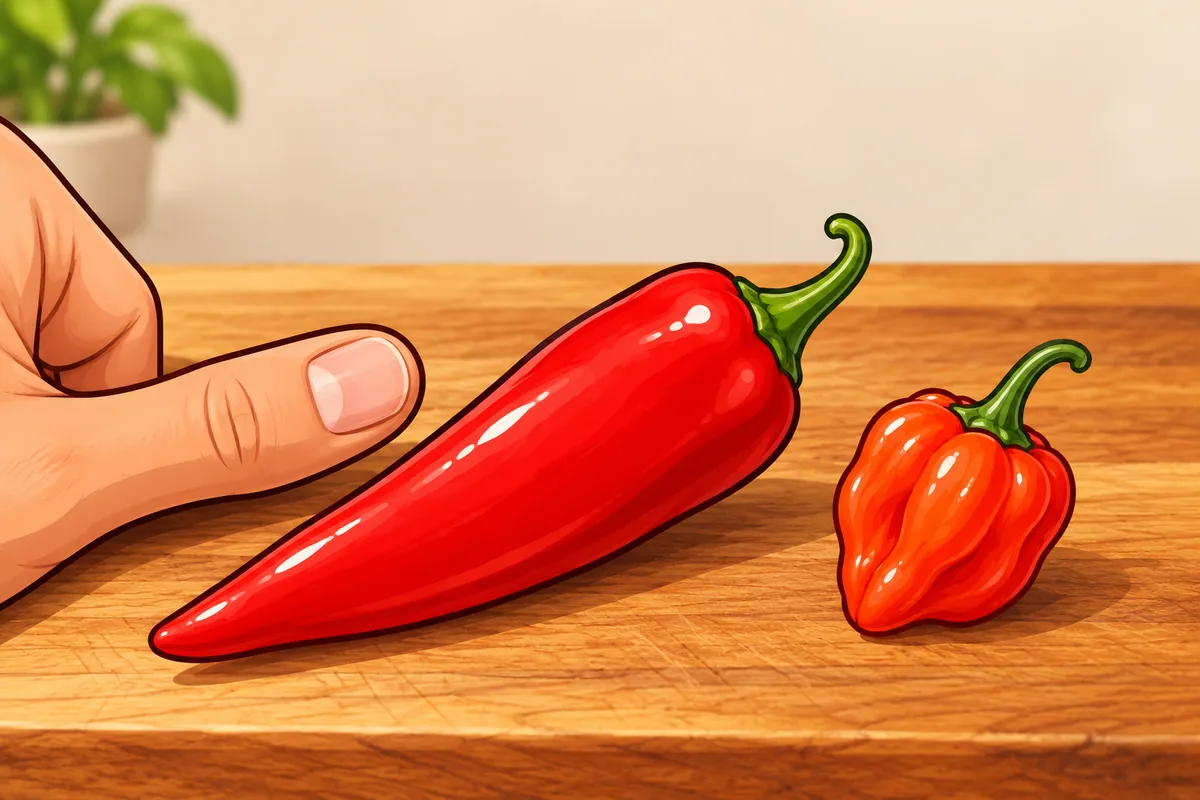 A long red Fresno pepper beside a short, wrinkled red habanero on a cutting board, with a thumb next to the Fresno for scale.