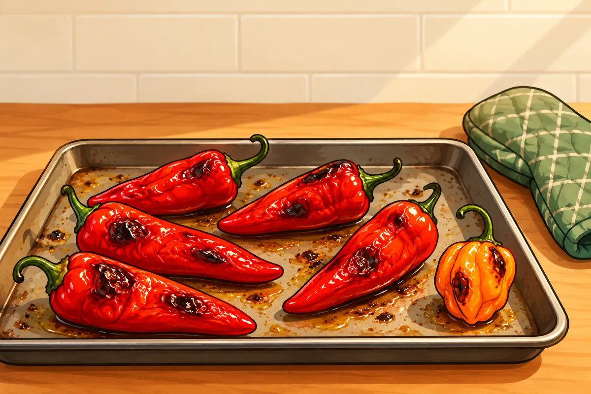 A baking tray of blistered red Fresno peppers and one small orange habanero, with an oven mitt beside it.