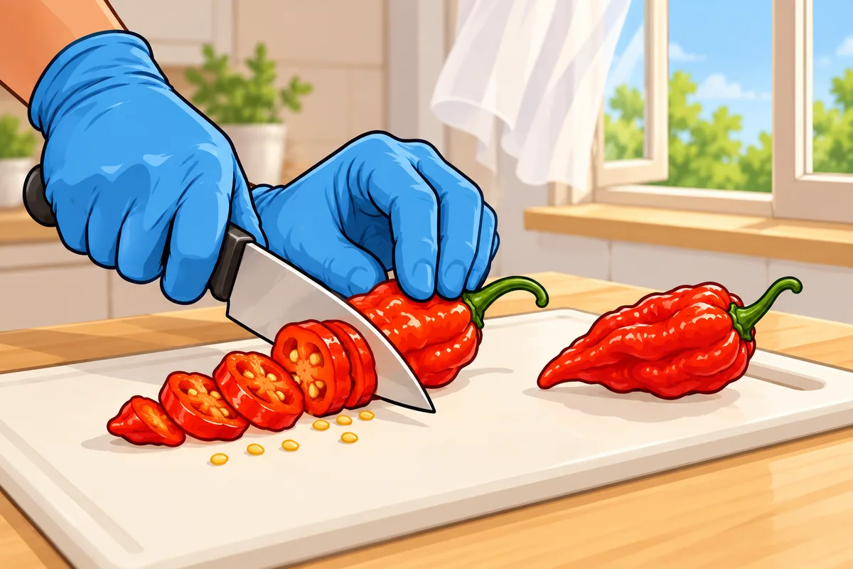 Hands in blue gloves slicing a wrinkled red ghost pepper on a white board, with a second whole pepper beside it and an open window behind.