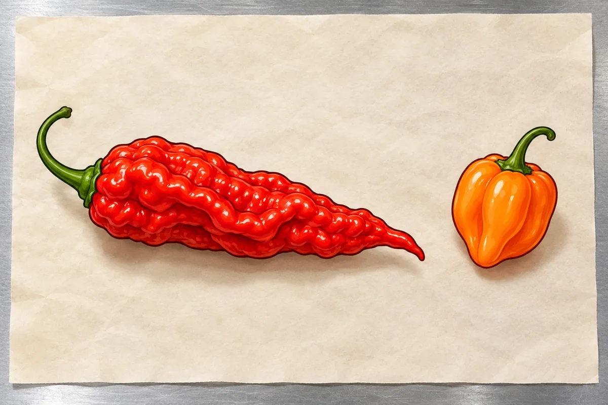 A long, wrinkled red ghost pepper and a short, smooth orange habanero about a third of its length, seen from above on pale parchment paper on a steel table.