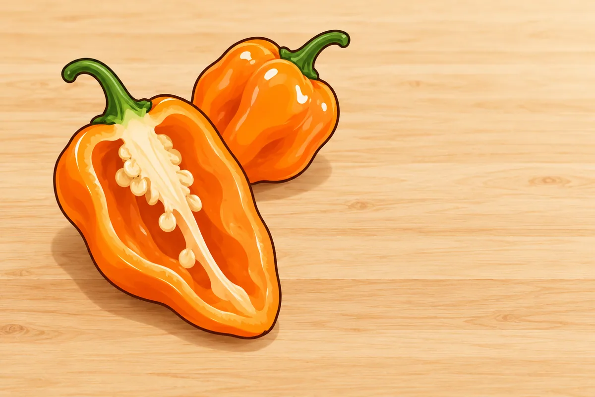 A halved orange habanero on a wooden board showing a thin wall, pale cream ribs down the middle with seeds clinging to them, and a second whole habanero behind it.