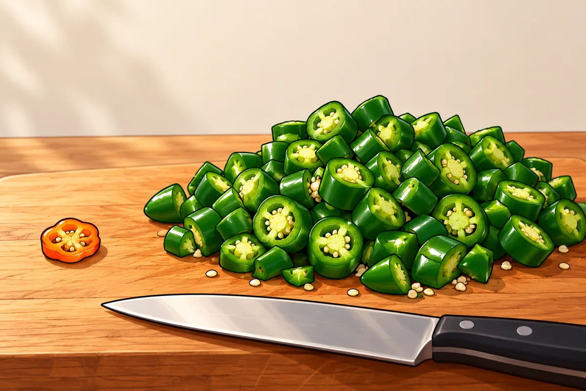 A big heap of diced green jalapeños on a cutting board and one tiny slice of orange habanero beside it, with a knife along the bottom edge.