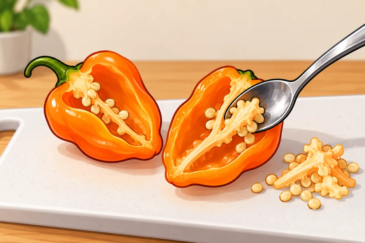 An orange habanero cut in half, with a teaspoon scraping the pale tissue out of one half and a small pile of scraped tissue and seeds beside it.