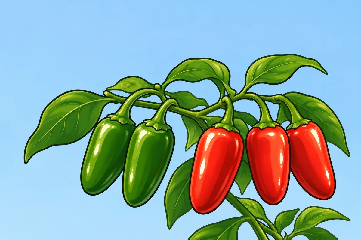 A jalapeño branch with two green pods on the left and three red pods on the right.