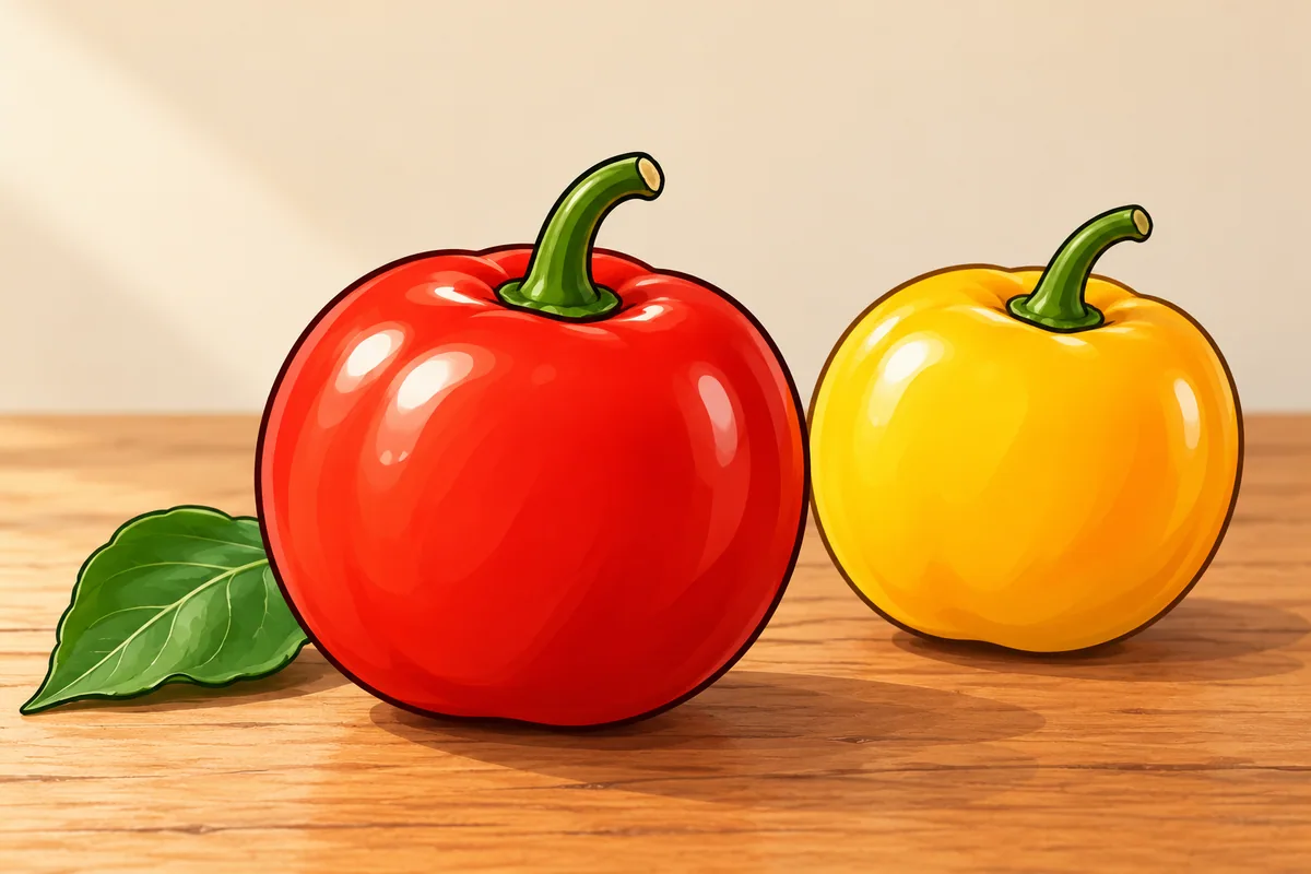 A red apple-shaped manzano pepper beside a round yellow canario pepper on a wooden table, with one green leaf.