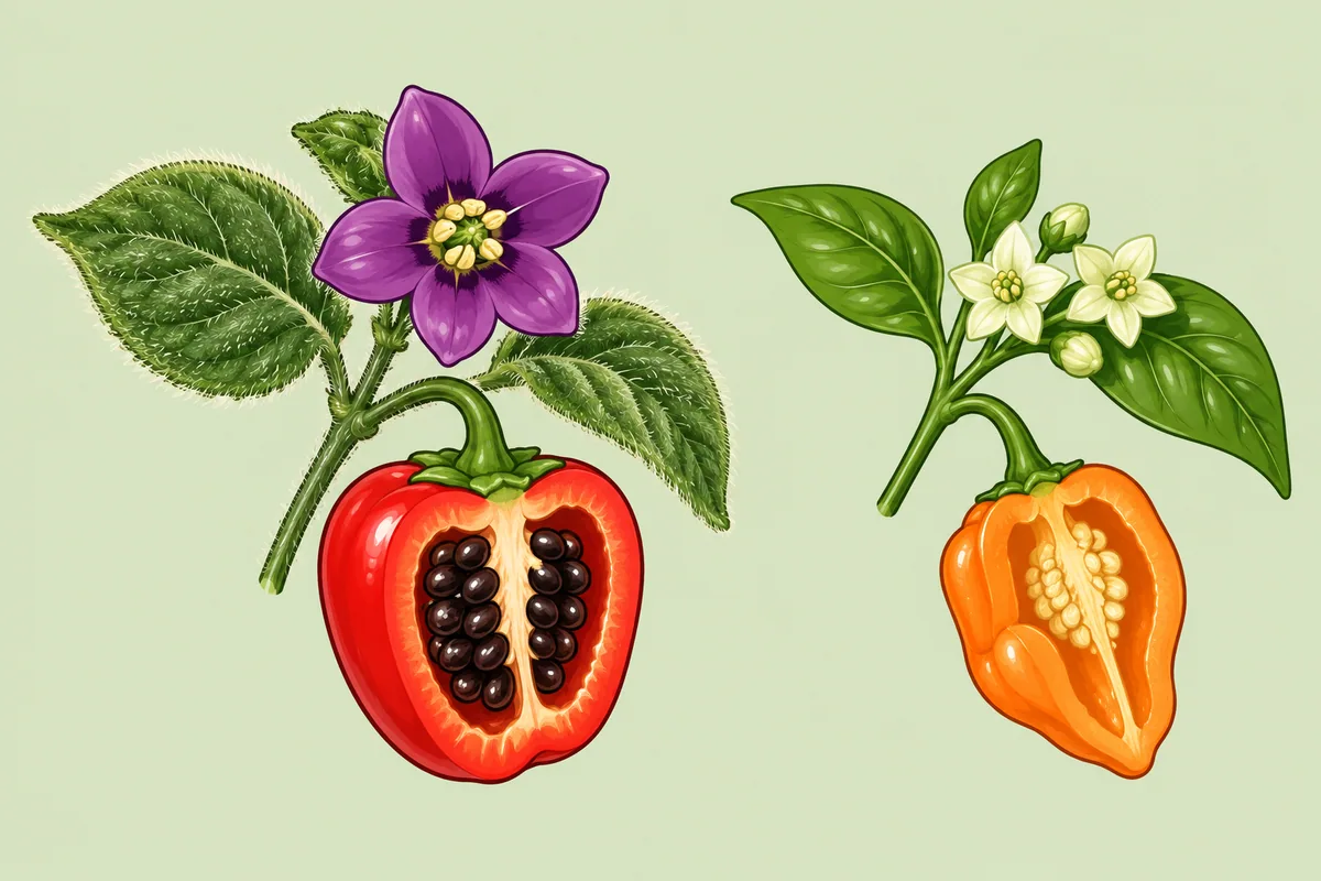 A botanical plate: on the left a manzano sprig with fuzzy leaves, a deep purple flower and a red apple-shaped pod cut open to show black seeds; on the right a smaller habanero sprig with glossy leaves, a cluster of greenish-white flowers and a cut orange pod.