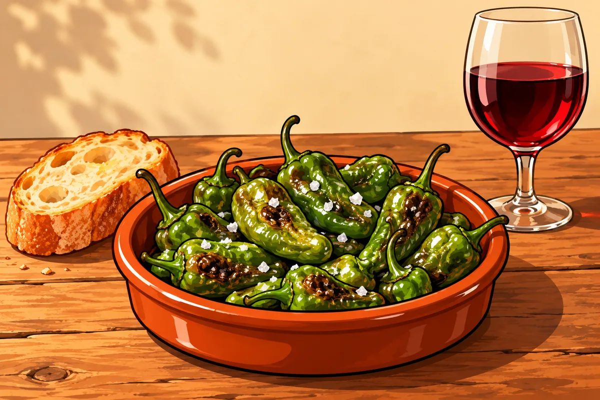 A clay dish of blistered green Padrón peppers with coarse salt, a slice of bread and a glass of red wine beside it.