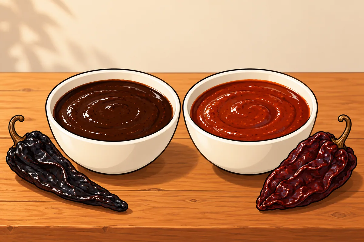 Two white bowls of chile sauce, a black-brown one beside a dried pasilla and a brick-red one beside a dried ancho.