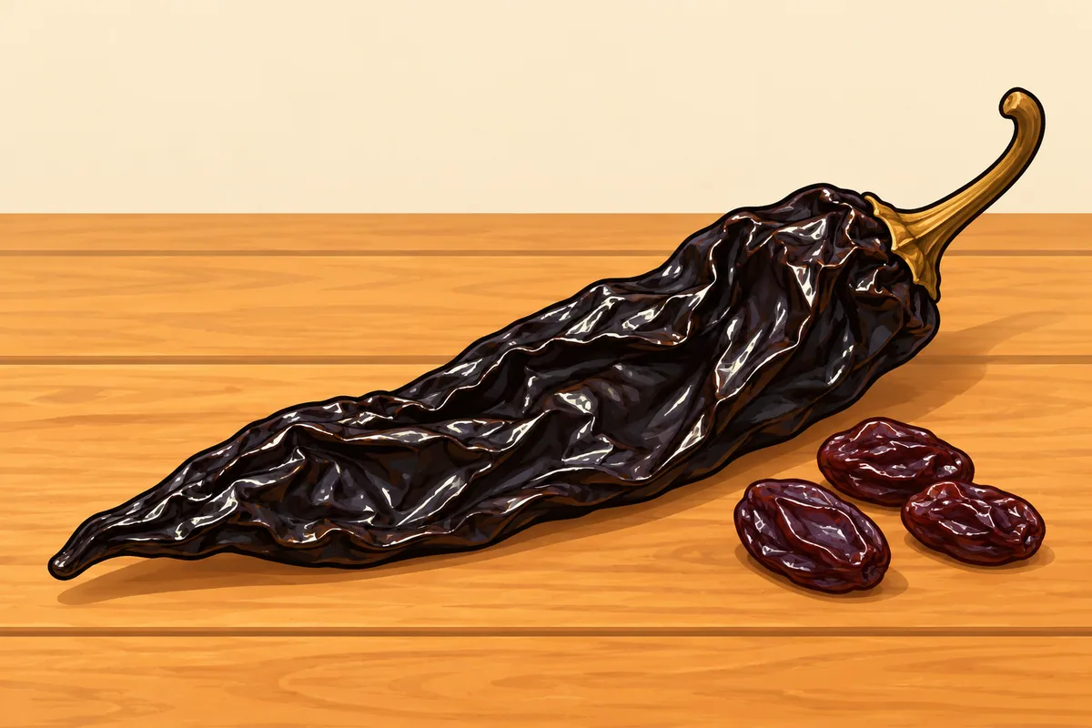A long, wrinkled, nearly black dried pasilla chile with three raisins beside its tip.
