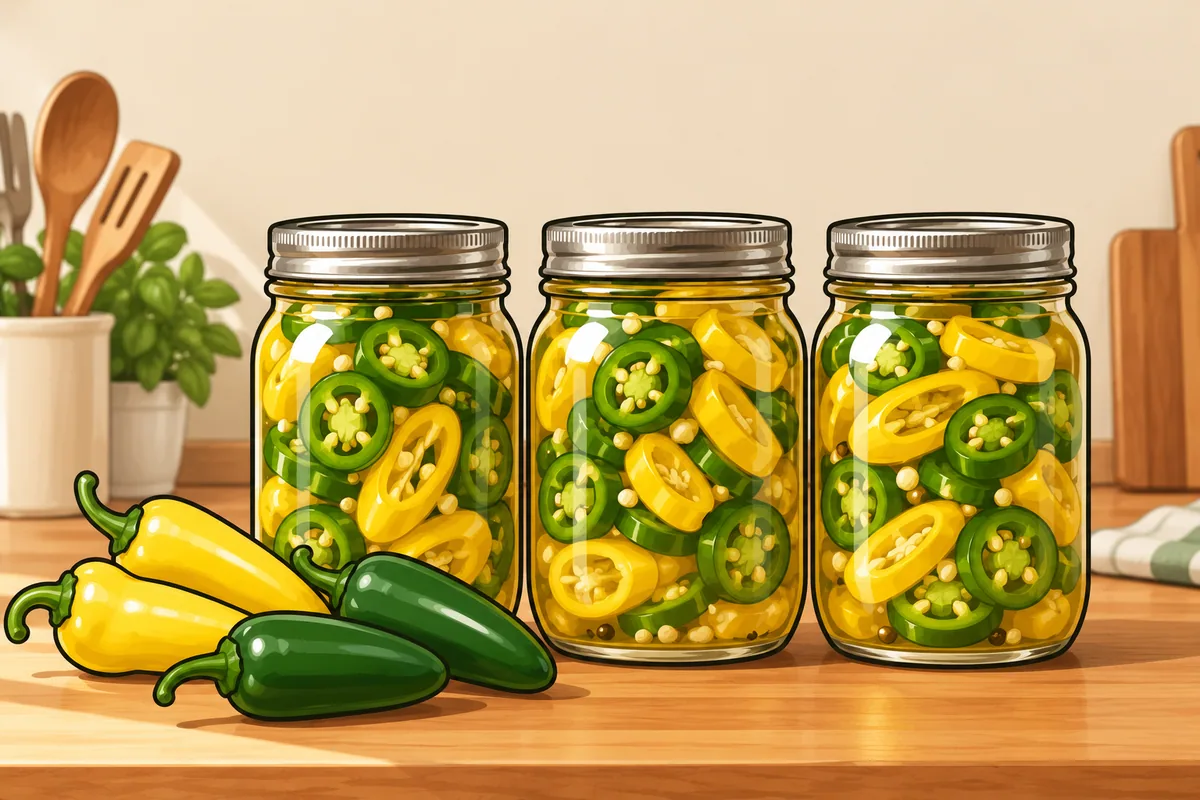 Three glass pint jars of sliced yellow and green pepper rings in brine, with whole yellow wax peppers and dark green jalapeños in front.