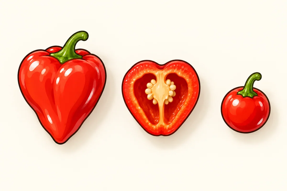 A whole heart-shaped red pimento, a pimento cut across to show its thick wall, and a small round red cherry pepper, seen from above on cream.