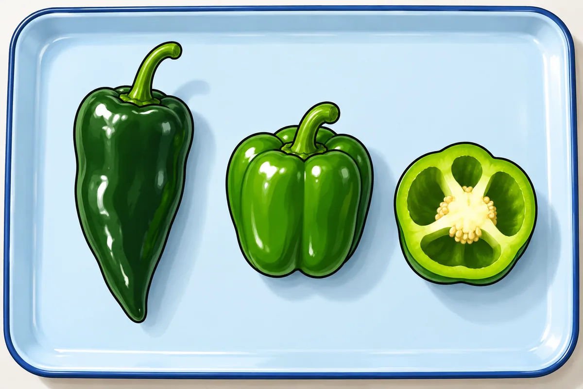 A long, dark green poblano tapering to a point beside a shorter, boxy green bell with four lobes and a bell cut in half showing a thick wall, on a pale blue tray.