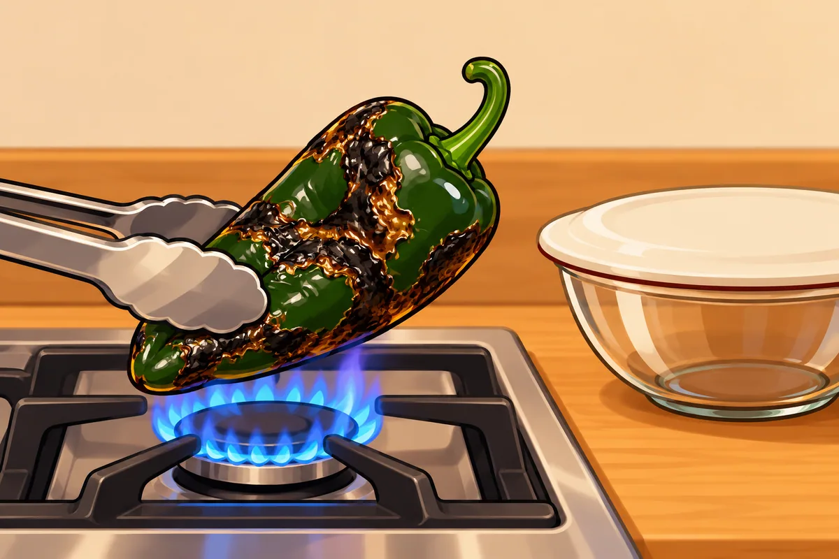 Tongs holding a dark green poblano with blackened, blistered skin over a blue gas flame, with a covered glass bowl on the counter.