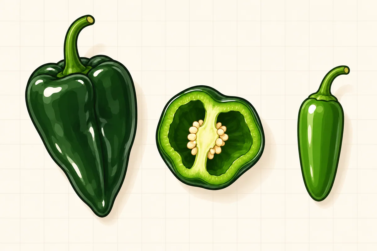 A broad, heart-shaped dark green poblano lying next to a small, smooth green jalapeño, both drawn to the same scale over a faint inch grid.