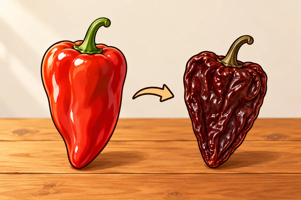 A glossy red ripe poblano beside a wrinkled, dark red-brown dried ancho of the same heart shape, with a small arrow between them.