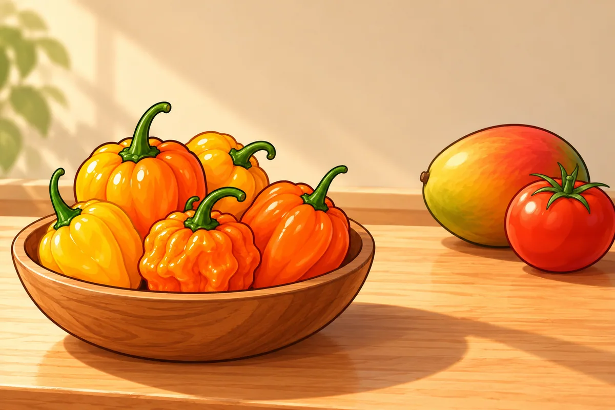 A wooden bowl of squat yellow and orange Scotch bonnets, with a mango and a tomato lying apart on the counter.