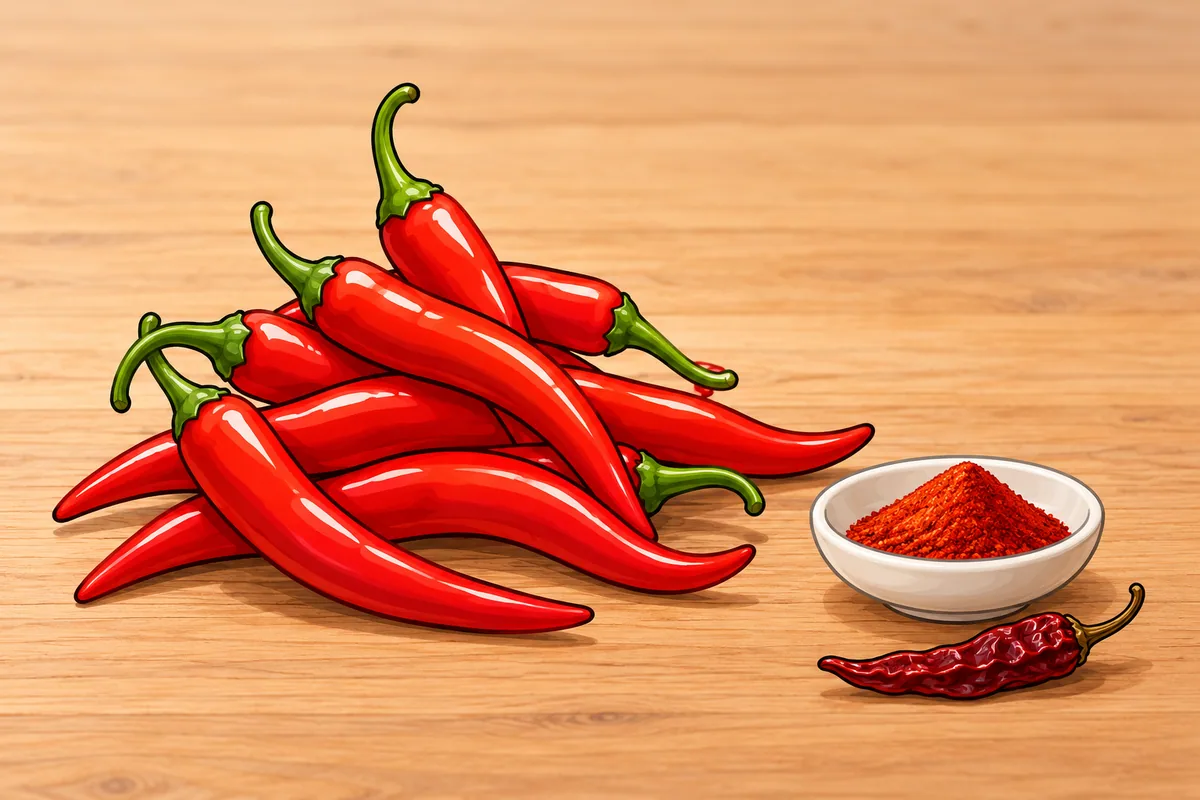 A tall heap of glossy red cayenne pods on a wooden board beside a small white dish of red powder and one shriveled dried cayenne pod.
