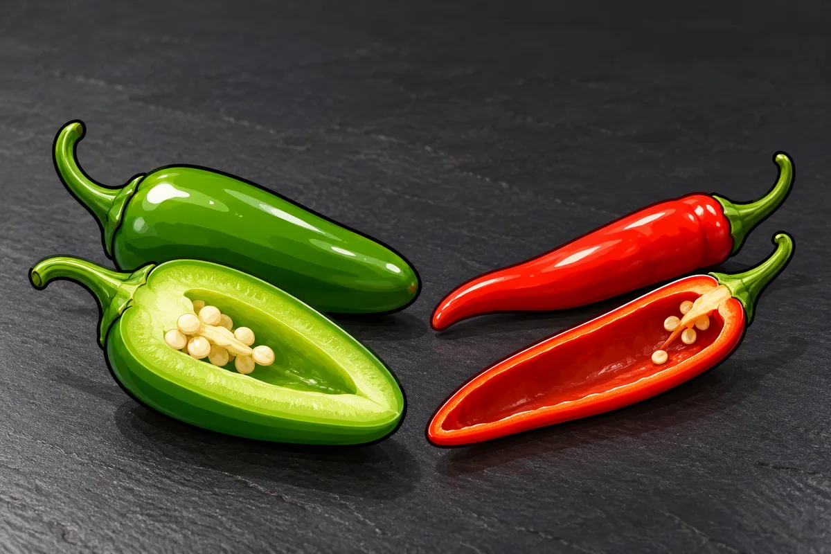 On a dark slate board, a green serrano cut in half to show thick walls and a few seeds, beside a red cayenne cut in half to show a thin wall around a hollow.