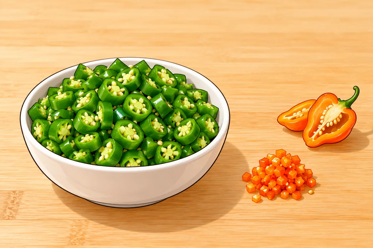 A white bowl heaped with chopped green serrano on a wooden board, beside a very small pile of chopped orange habanero and a halved habanero.