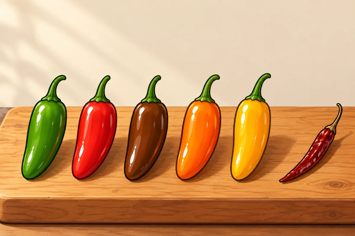 Five smooth serrano chiles in a row on a cutting board, colored green, red, brown, orange and yellow, with one slim dried red chile beside them.