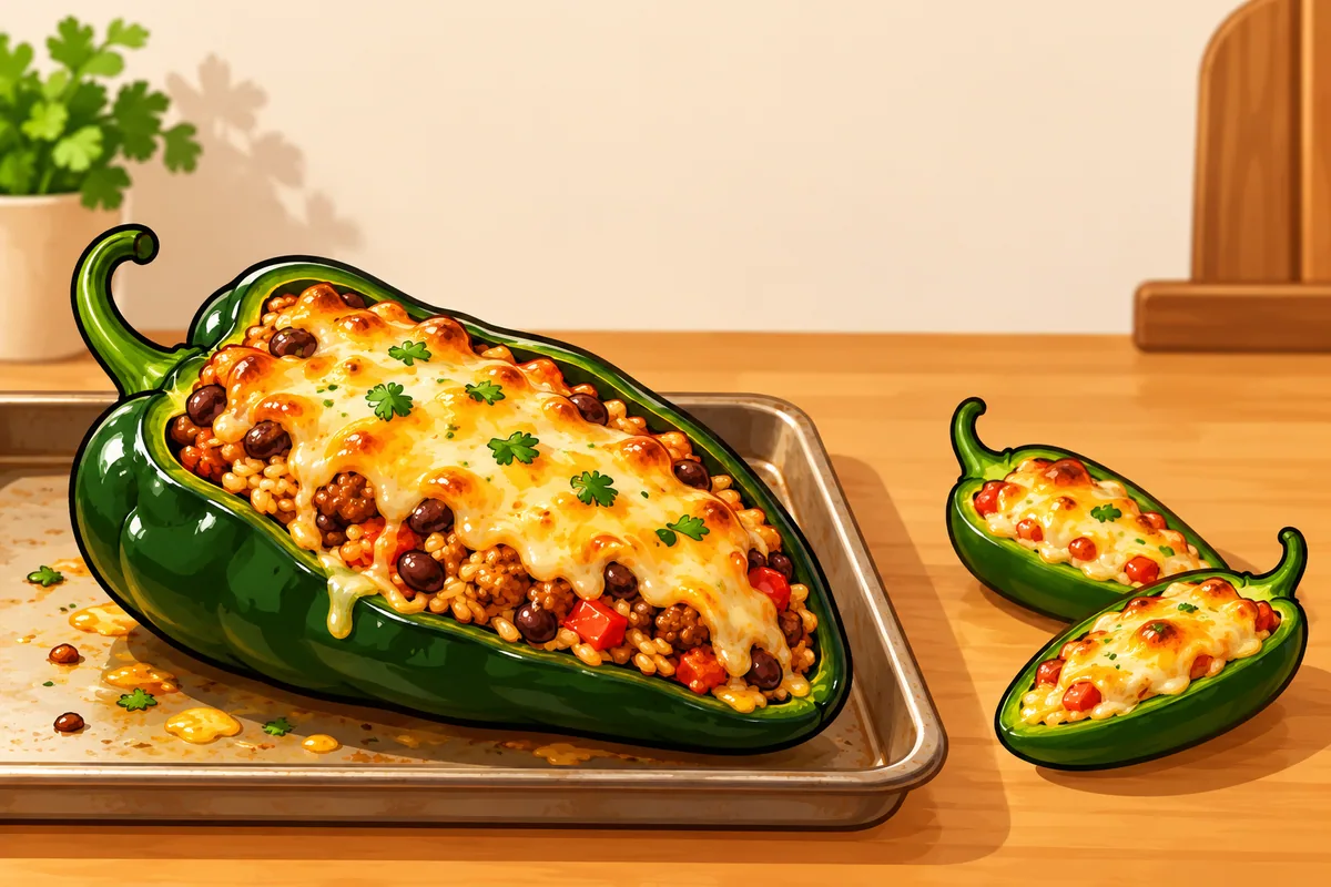 A large poblano stuffed with rice, beans and melted cheese on a baking sheet, beside two small jalapeño halves filled with cheese.