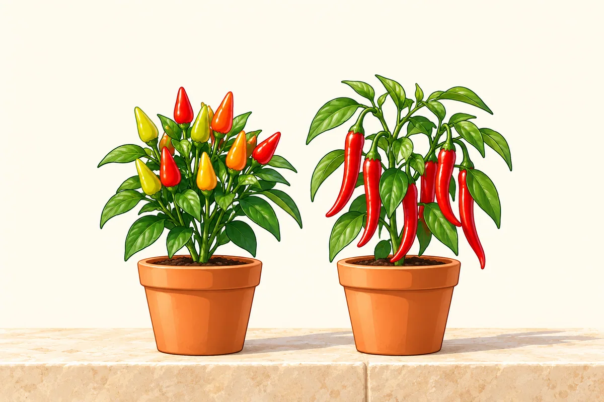 Two potted pepper plants on a stone step: on the left a bushy tabasco plant with short pods pointing up in yellow-green, yellow, orange and red; on the right a cayenne plant with long red pods hanging down.