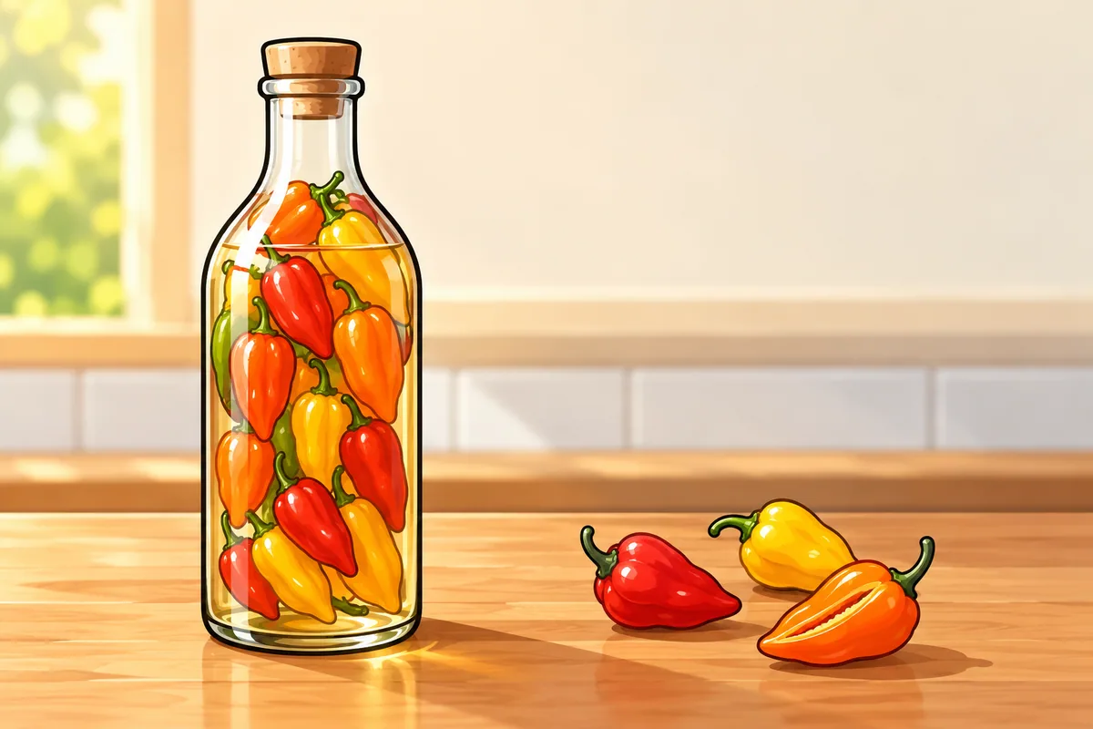A tall corked glass bottle of pale vinegar packed with small yellow, orange and red pods, beside three loose pods on a counter, one with a short slit.