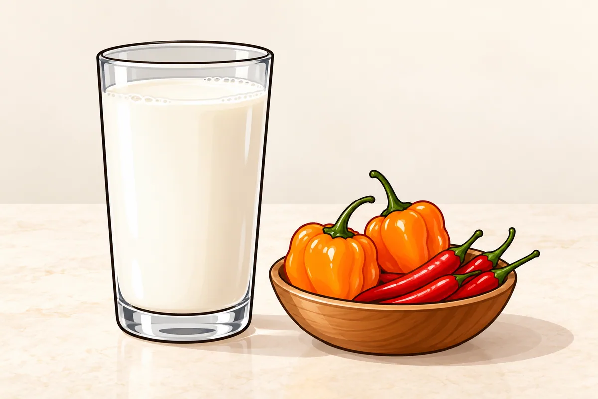 A tall glass of white milk on a pale countertop beside a small wooden bowl holding two orange habaneros and four slim red Thai chilies.
