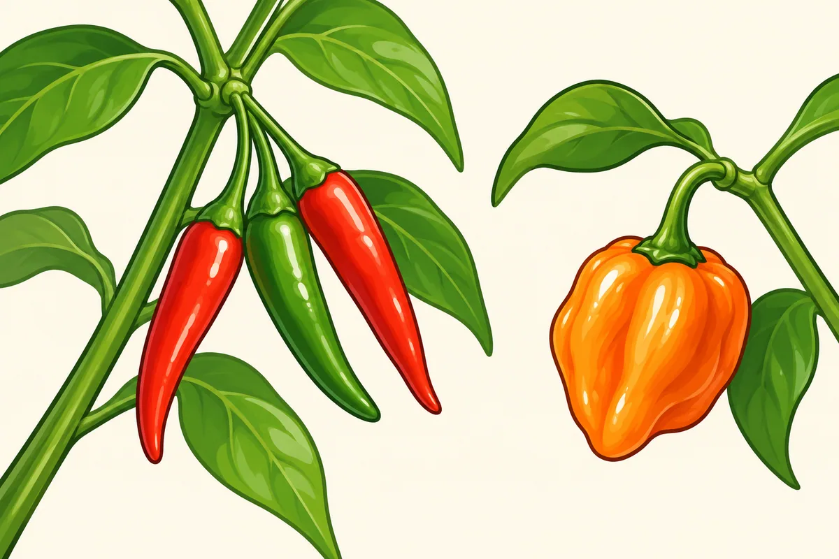 Three slim glossy Thai chilies, two red and one green, hanging together from one node of a stem, beside a single short, broad orange habanero on its own stalk.