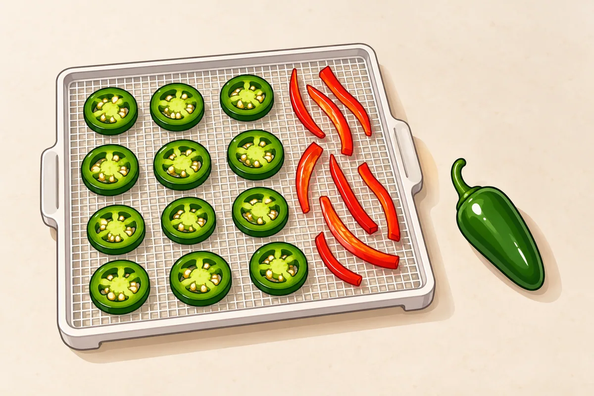 A square mesh dehydrator tray holding a dozen thin green jalapeño rings in rows and a group of red chili strips, with one whole jalapeño beside it.