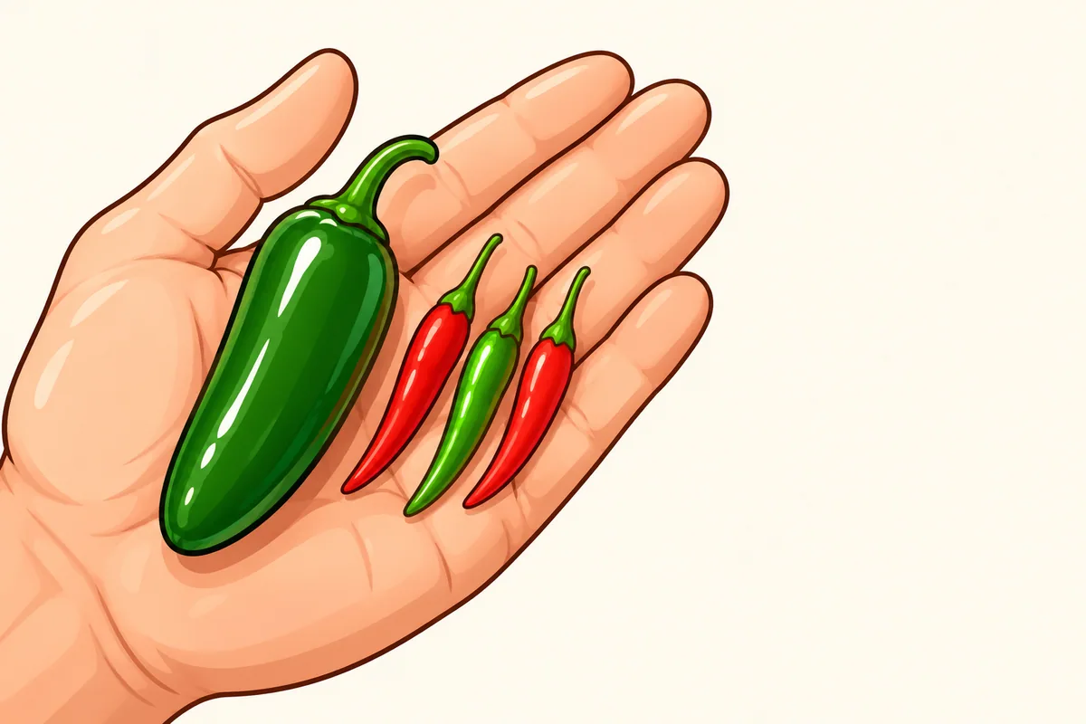 An open palm holding one plump green jalapeño about as long as the palm is wide, next to three slim Thai chilies, two red and one green, each about as long as a thumb tip.