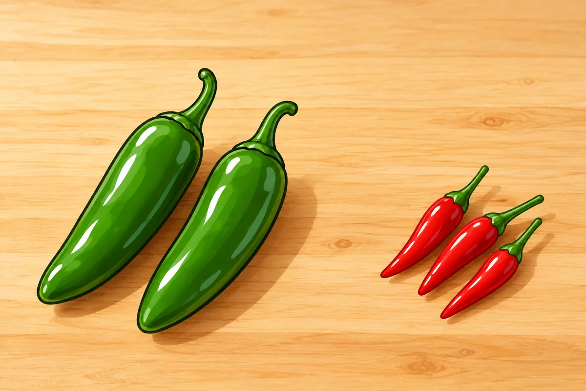 Two plump green serranos on a wooden board beside a small row of three slim red Thai chilies.