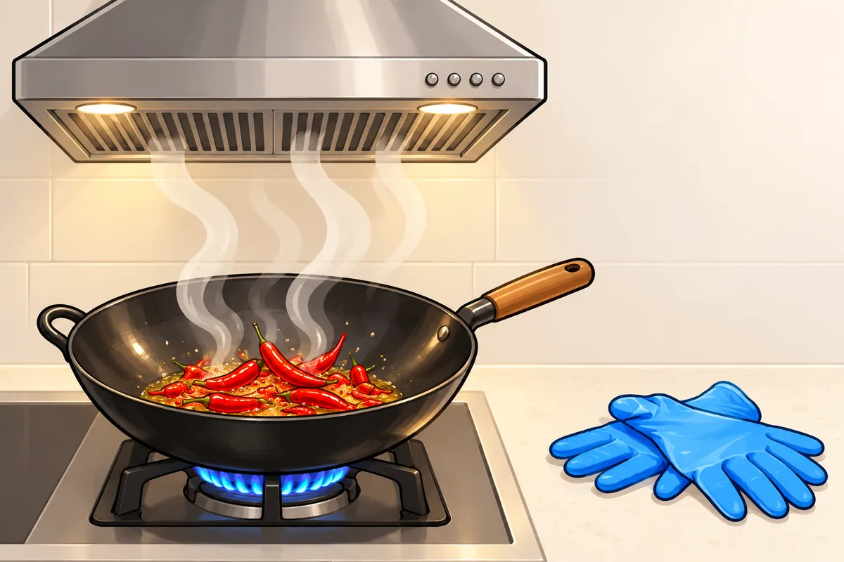 A black wok on a gas flame with a handful of red chilies sizzling in oil, steam rising toward a steel range hood, and a pair of blue gloves on the counter.