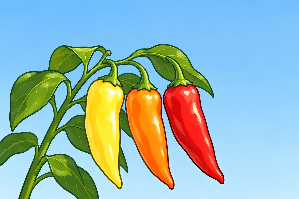 A Hungarian wax pepper branch with three long waxy pods hanging side by side: one yellow, one orange and one red.