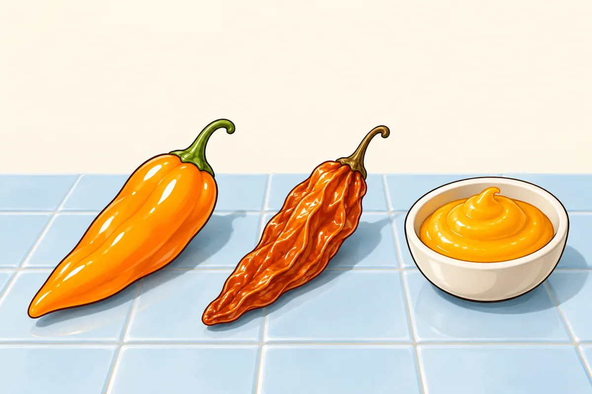 Three forms of aji amarillo side by side: a fresh orange-yellow pod, a wrinkled dried amber pod, and a small dish of smooth yellow paste.