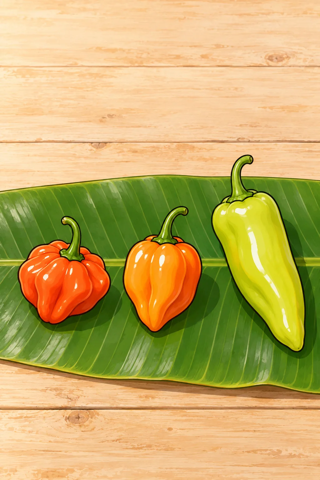 On a banana leaf, a small flattened wrinkled orange-red ají dulce, a smooth lantern-shaped orange habanero of the same size, and a long pale cubanelle.