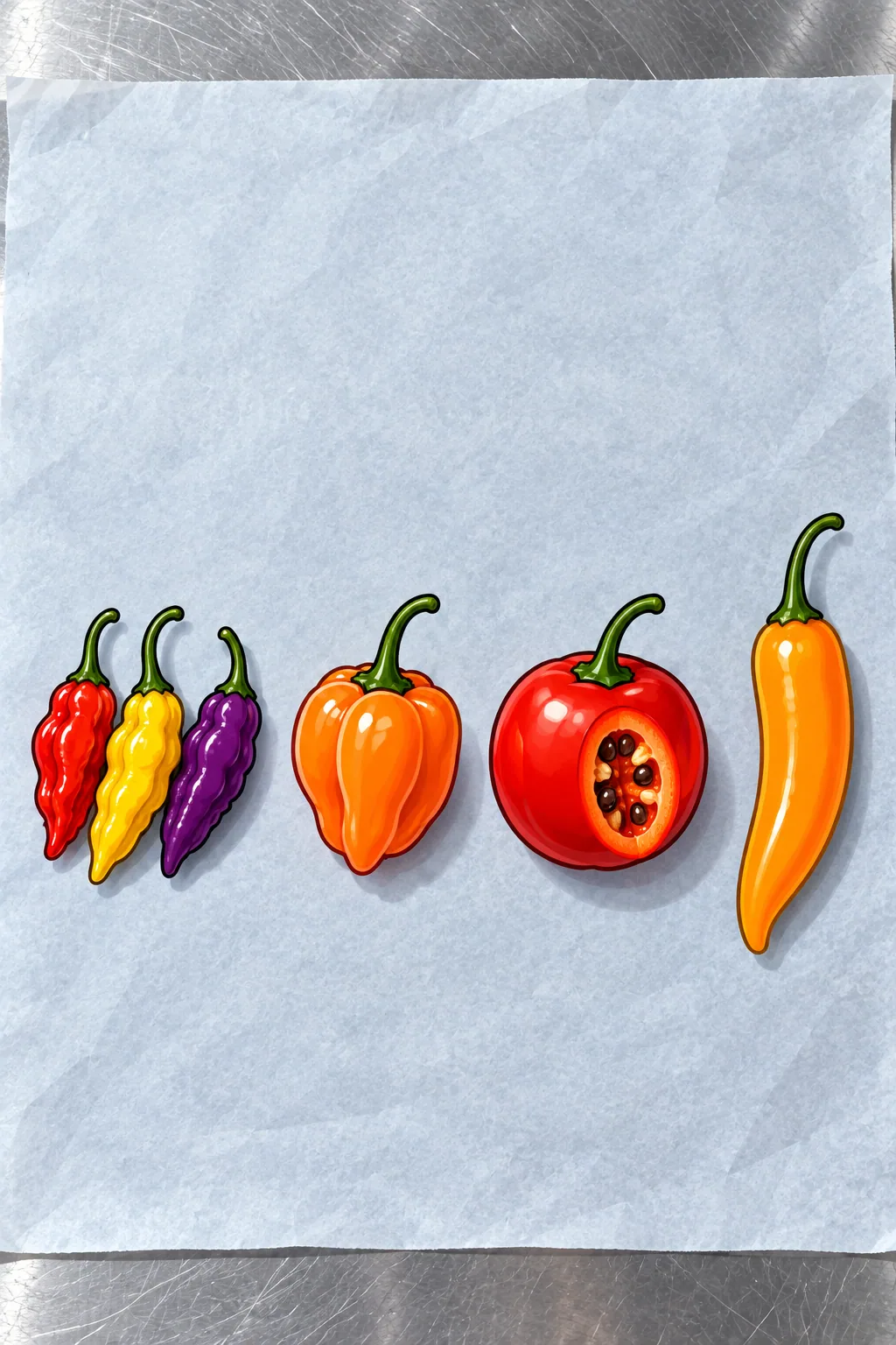 On blue-grey paper, three tiny wrinkled ají limo pods in red, yellow and purple, an orange habanero, a round red rocoto cut to show black seeds, and a long orange ají amarillo.