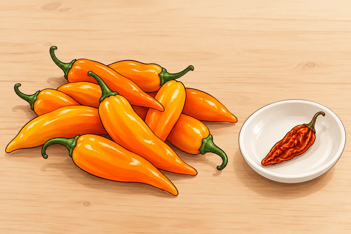 A tall heap of fresh long orange aji amarillo pods on a wooden table beside a white dish holding one small, wrinkled, dark orange dried aji mirasol pod.
