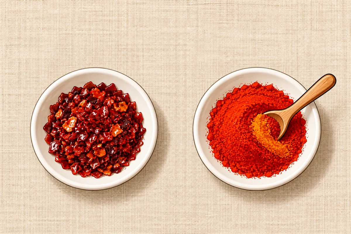 Two small white dishes on linen: coarse glossy burgundy flakes on the left, fine bright red powder on the right with a streak of orange being stirred in by a tiny wooden spoon.
