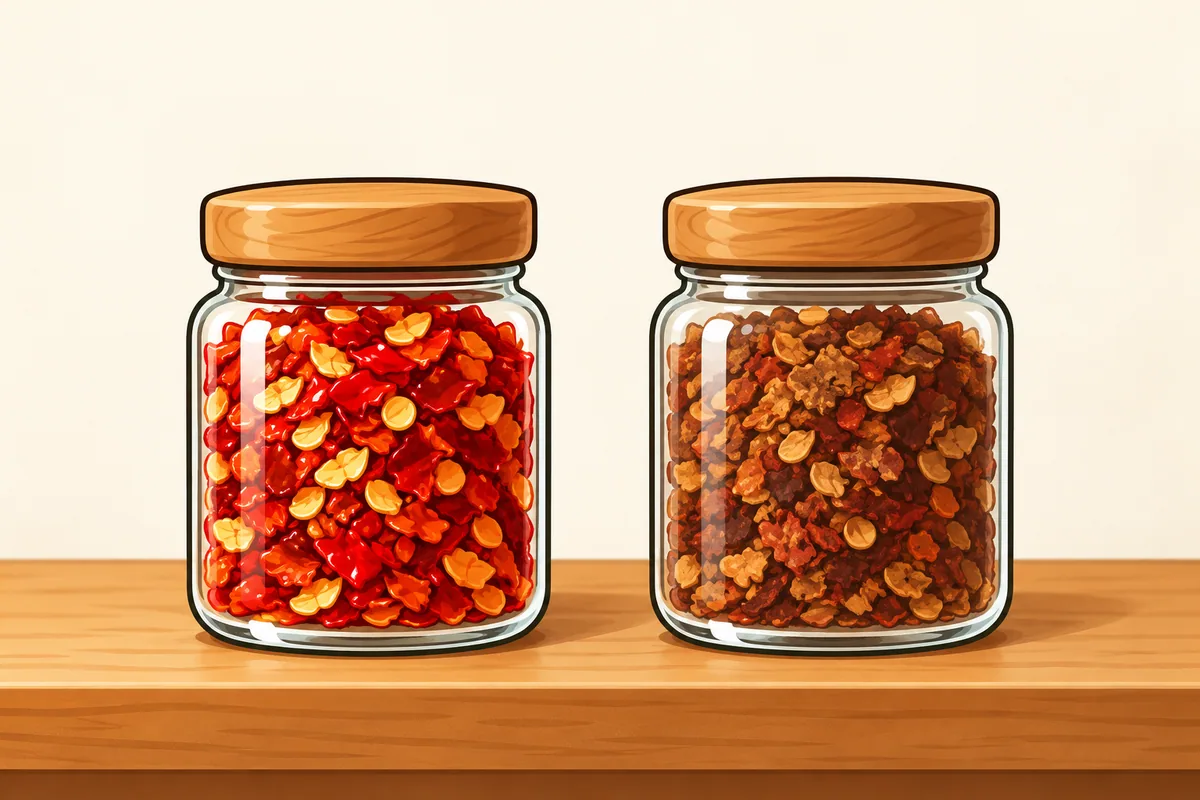 Two identical clear glass jars with wooden lids on a wooden shelf, the left full of glossy bright red pepper flakes and the right full of dull brown-red flakes.