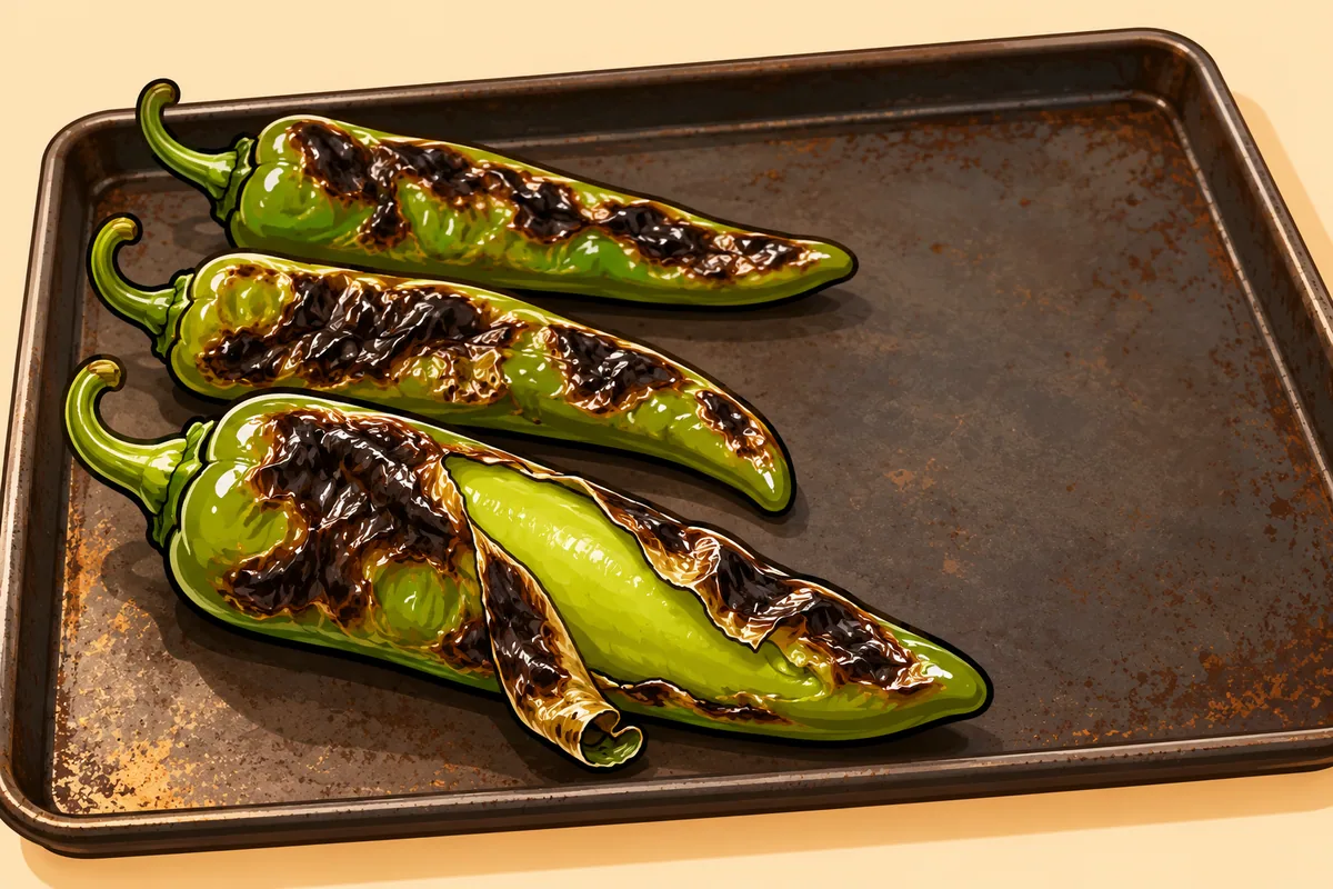 Three long green chiles on a dark baking sheet with blackened, blistered skin, the front one with a strip of skin peeled back to show pale green flesh.