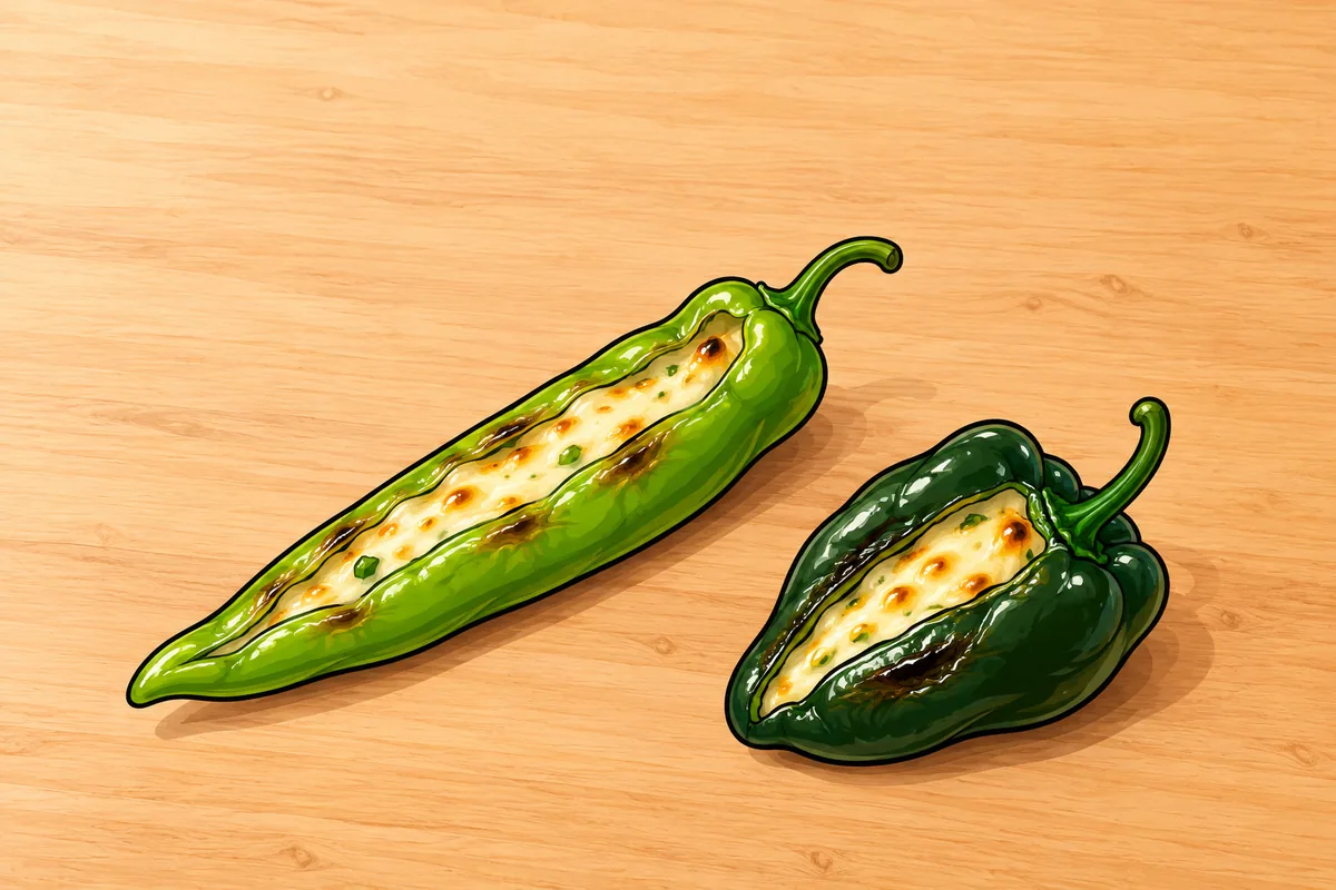 A long light-green chile and a shorter, wider dark-green poblano, each slit along one side to show melted cheese filling, with their stems still on, on a wooden board.